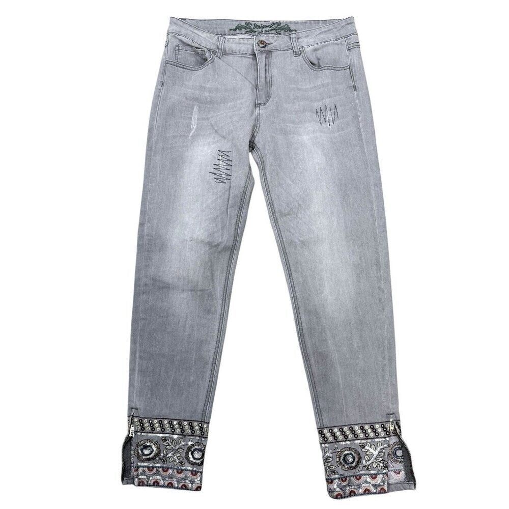Desigual Women's Skinny Exotic Jeans Gray Denim Sequin Embroidered Size 34